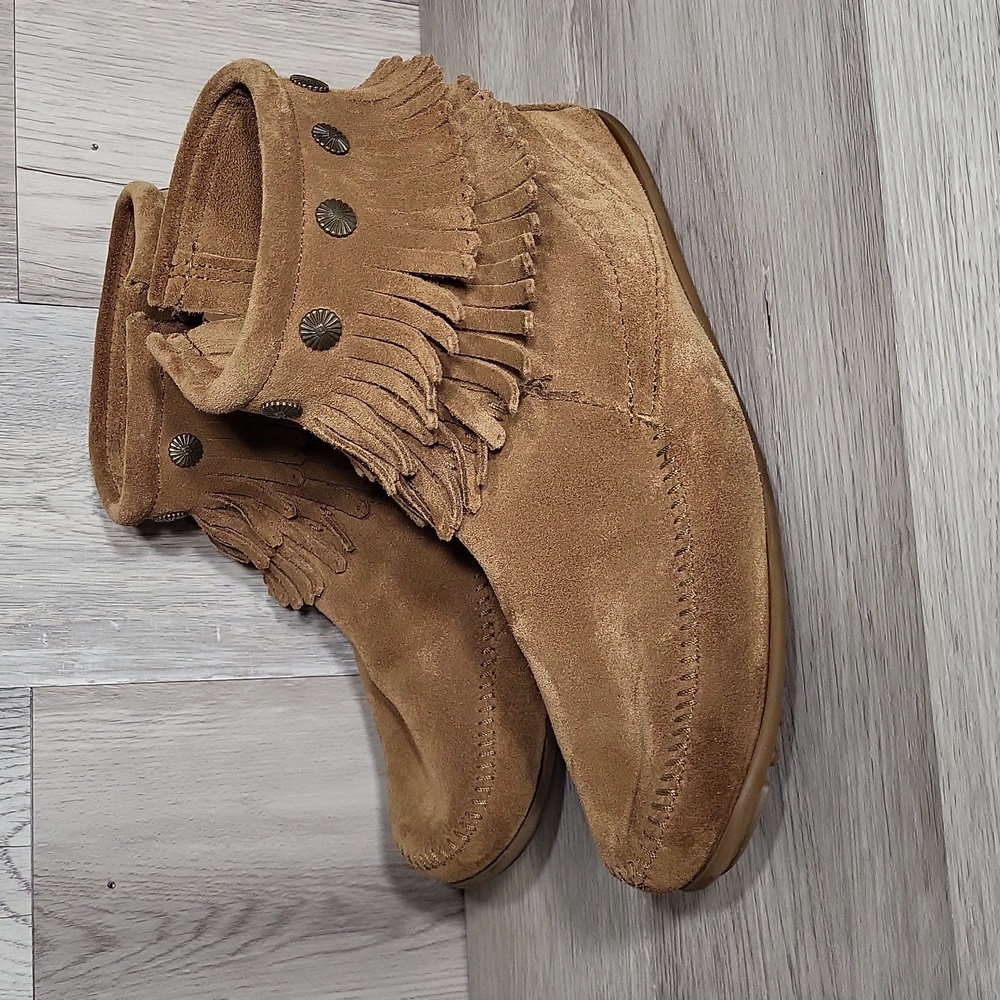 Minnetonka Womens 11 Double Fringe Suede Zip Boots Moccasin Style Southwestern - Picture 3 of 9